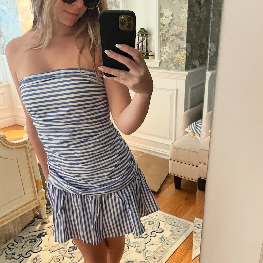 Blue and White Striped Strapless Dress